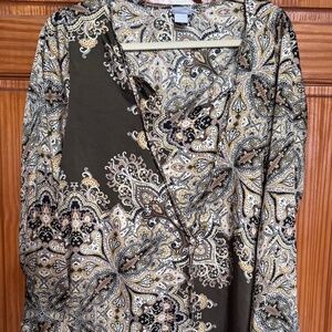 Chico's Brown, Green & Yellow Satin Kurta Medallion Long Tunic Size 0 (size 4)